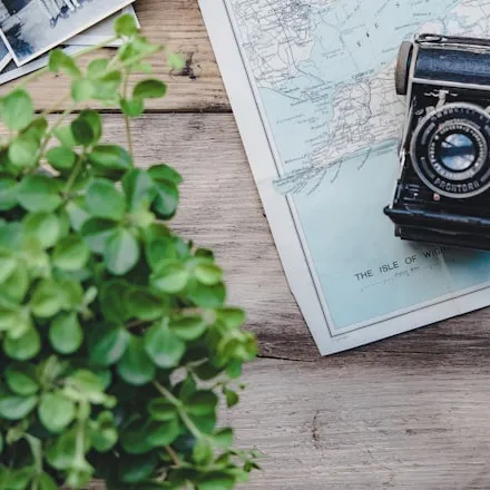 An old camera resting on a folded map